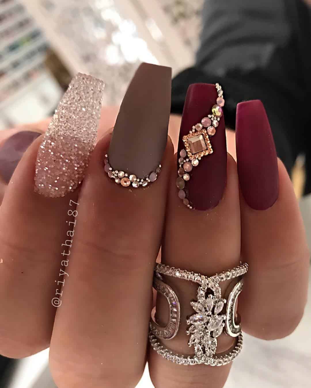 Elegant Rhinestones Coffin Nails Designs