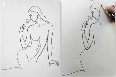 How to draw women sniffing flowers with line art-20211215